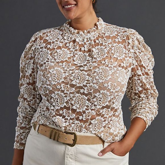 Anthropologie Sheer Lace Mock Neck Top - Picture 4 of 6